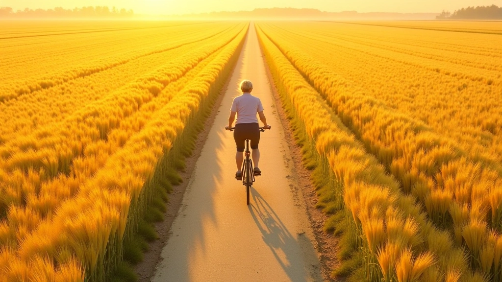 Widok z góry na wąską asfaltową ścieżkę rowerową biegnącą między polami zbóż, seniorka na rowerze daleko przed