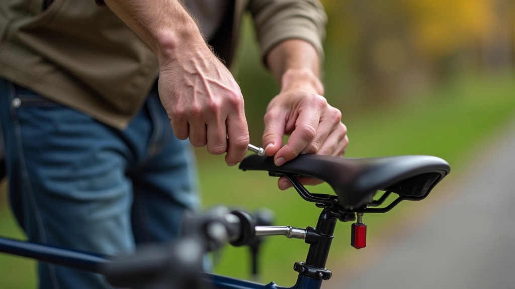 Senior reguluje siodełko roweru za pomocą klucza sześciokątnego, widok boczny