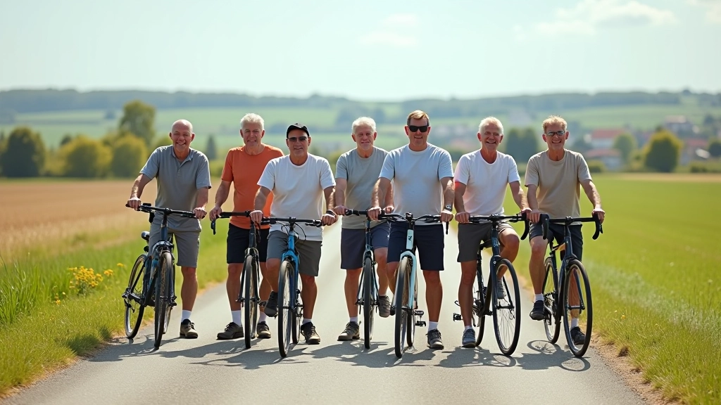 Grupa seniorów na rowerach stojąca na wiejskiej drodze w słoneczny dzień, rozciągające się pola w tle