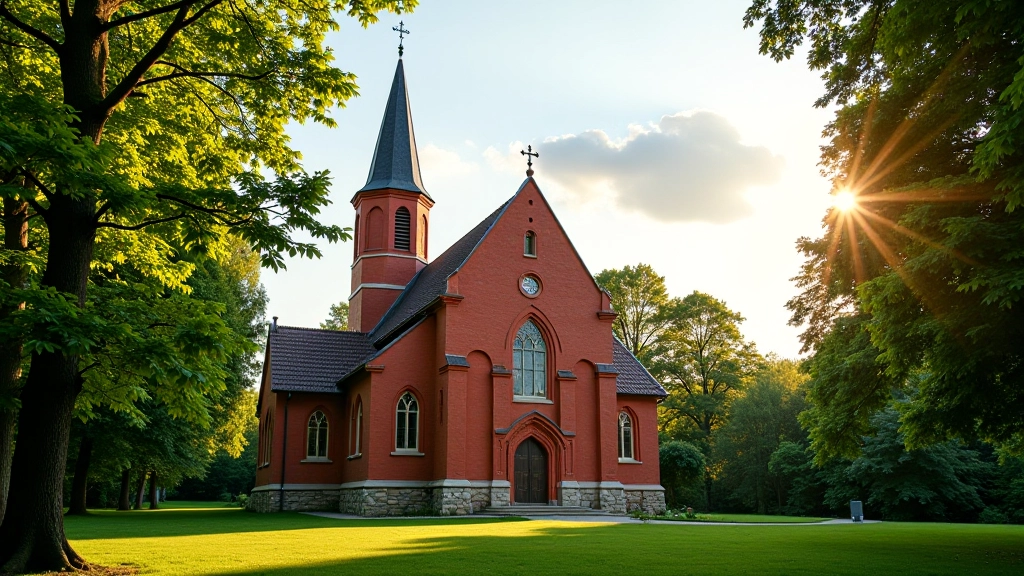 Zabytkowy kościół z czerwoną cegły w stylu gotyckim, otoczony zielenią, podczas słonecznego popołudnia w Częstochowie