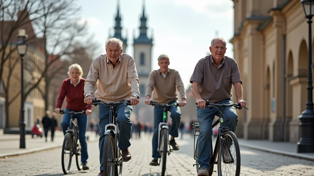 Grupa seniorów na rowerach zatrzymana w malowniczej wiosce obok starego kościoła