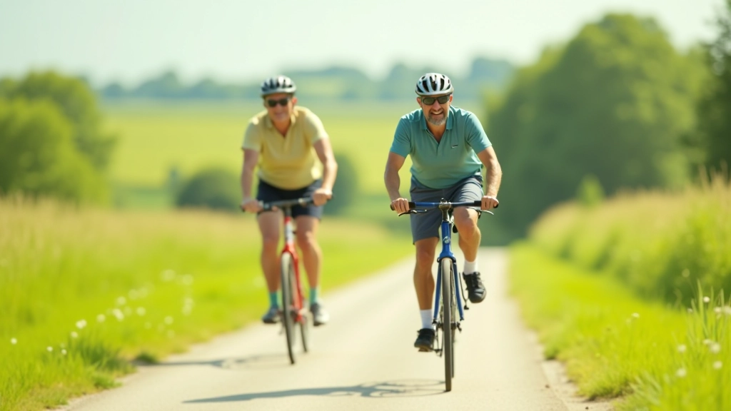 Seniorzy jeżdżący na rowerach szosowych na słonecznej trasie wśród pól i łąk