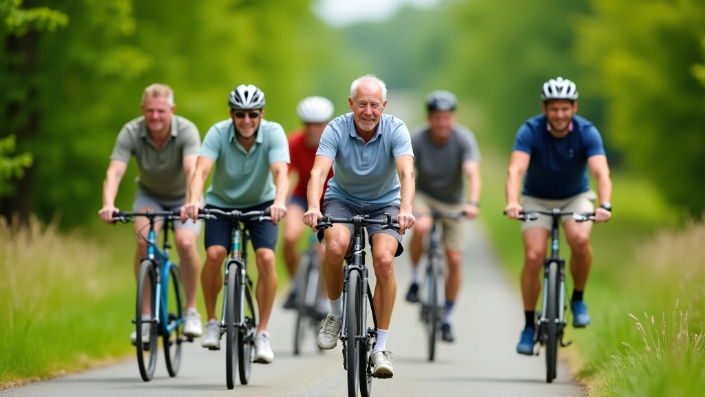 Mała grupa seniorów na wycieczce rowerowej